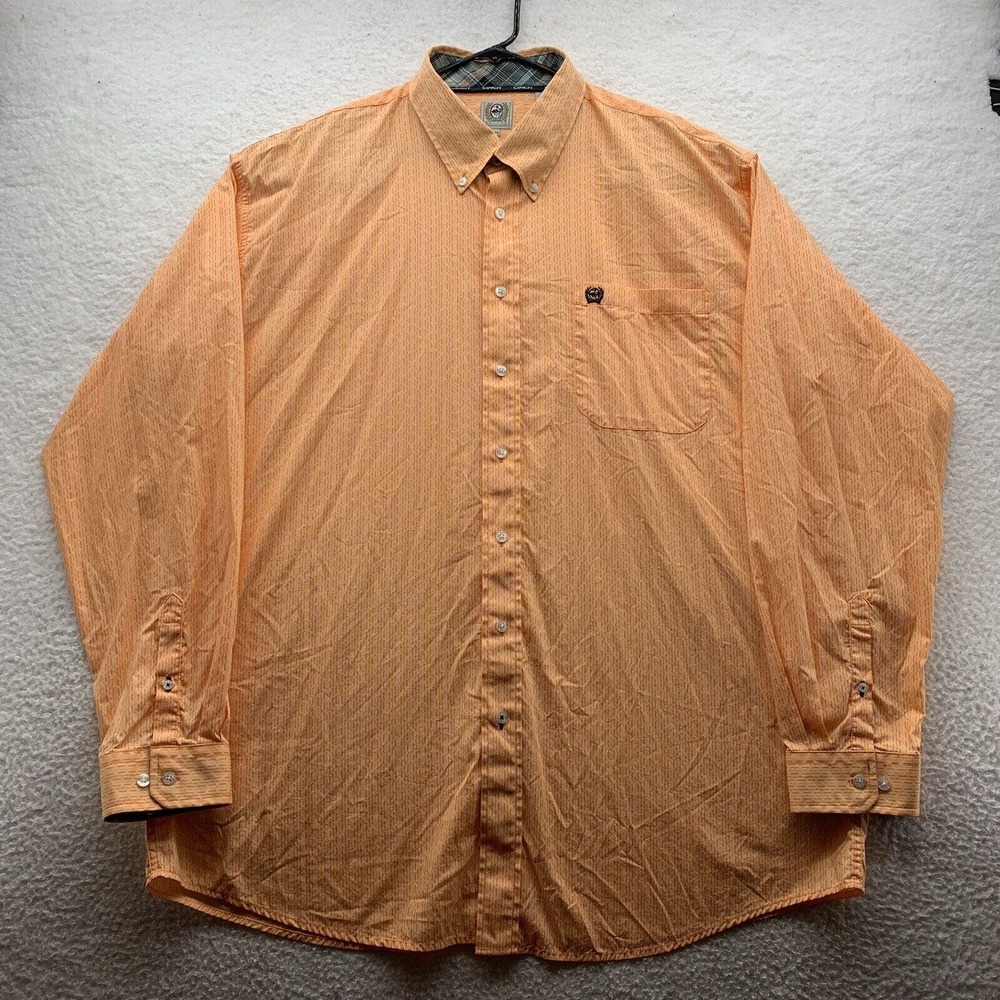 Cinch Button Up Shirt Mens XXL 2XL Orange Flip‎ Cuff Geometric Striped Western